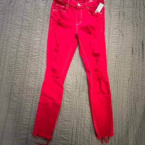 NWT Garage Retro High Waist Red Distressed jeans jeggings white stitching sz 5 - Picture 8 of 10